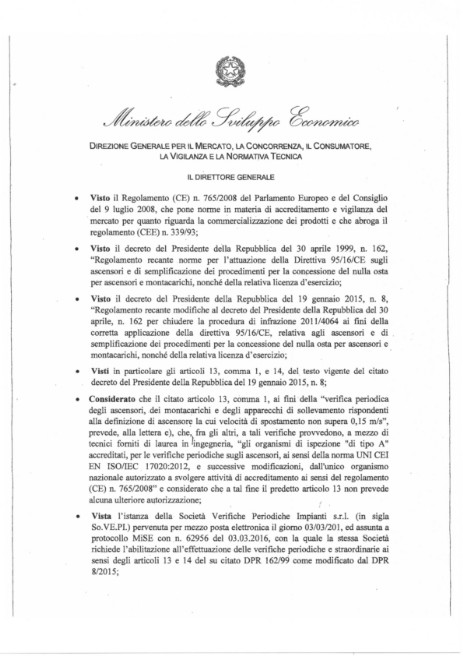 MISE presa d'atto abilitazione DPR 162/99 - ascensori e montacarichi