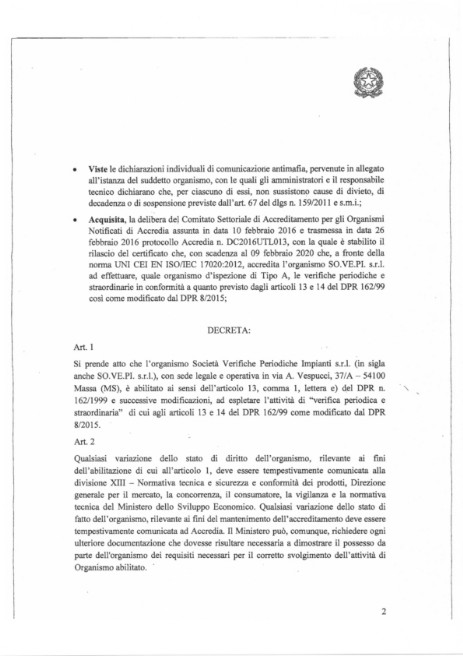 MISE presa d'atto abilitazione DPR 162/99 - ascensori e montacarichi