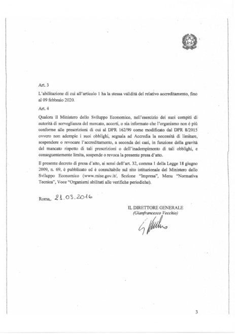 MISE presa d'atto abilitazione DPR 162/99 - ascensori e montacarichi